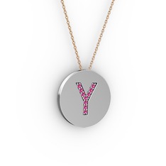 Y Baş Harf kolye - Rodolit garnet 18 ayar beyaz altın kolye (40 cm rose altın rolo zincir) #4xdwn5