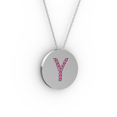 Y Baş Harf kolye - Rodolit garnet 14 ayar beyaz altın kolye (40 cm beyaz altın rolo zincir) #5ai6ef