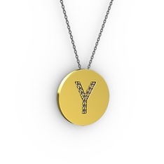 Y Baş Harf kolye - Dumanlı kuvars 8 ayar altın kolye (40 cm gümüş rolo zincir) #7j8n8c