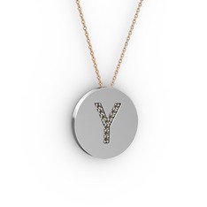 Y Baş Harf kolye - Dumanlı kuvars 14 ayar beyaz altın kolye (40 cm rose altın rolo zincir) #8omqyi