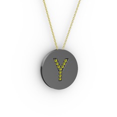 Y Baş Harf kolye - Peridot 925 ayar siyah rodyum kaplama gümüş kolye (40 cm gümüş rolo zincir) #a21suc