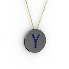 Y Baş Harf kolye - Lab safir 925 ayar siyah rodyum kaplama gümüş kolye (40 cm altın rolo zincir) #a5856h