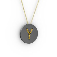 Y Baş Harf kolye - Sitrin 925 ayar siyah rodyum kaplama gümüş kolye (40 cm altın rolo zincir) #b33ib7