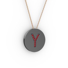 Y Baş Harf kolye - Garnet 925 ayar siyah rodyum kaplama gümüş kolye (40 cm rose altın rolo zincir) #ccfxsm