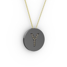 Y Baş Harf kolye - Dumanlı kuvars 925 ayar siyah rodyum kaplama gümüş kolye (40 cm altın rolo zincir) #dai579