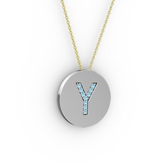 Y Baş Harf kolye - Akuamarin 925 ayar gümüş kolye (40 cm altın rolo zincir) #g78vew