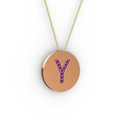 Y Baş Harf kolye - Ametist 8 ayar rose altın kolye (40 cm altın rolo zincir) #j95hzq