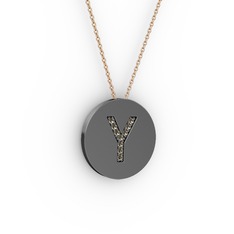 Y Baş Harf kolye - Dumanlı kuvars 925 ayar siyah rodyum kaplama gümüş kolye (40 cm gümüş rolo zincir) #l5sklx