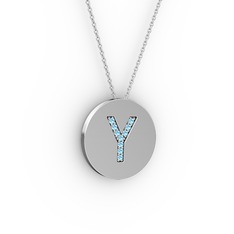 Y Baş Harf kolye - Akuamarin 925 ayar gümüş kolye (40 cm beyaz altın rolo zincir) #lh2avy