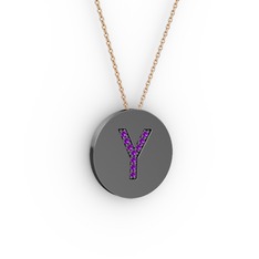 Y Baş Harf kolye - Ametist 925 ayar siyah rodyum kaplama gümüş kolye (40 cm rose altın rolo zincir) #qqnmar
