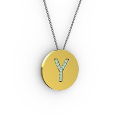 Y Baş Harf kolye - Akuamarin 18 ayar altın kolye (40 cm gümüş rolo zincir) #tbdalm