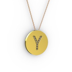 Y Baş Harf kolye - Dumanlı kuvars 8 ayar altın kolye (40 cm gümüş rolo zincir) #u020ay