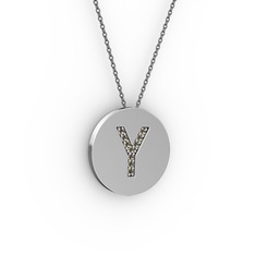 Y Baş Harf kolye - Dumanlı kuvars 18 ayar beyaz altın kolye (40 cm gümüş rolo zincir) #v07x1v