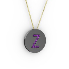 Z Baş Harf Kolye - Ametist 925 ayar siyah rodyum kaplama gümüş kolye (40 cm altın rolo zincir) #16h82cj