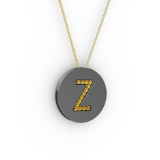 Z Baş Harf Kolye - Sitrin 925 ayar siyah rodyum kaplama gümüş kolye (40 cm altın rolo zincir) #60zoi4