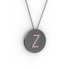 Z Baş Harf Kolye - Pembe kuvars 925 ayar siyah rodyum kaplama gümüş kolye (40 cm gümüş rolo zincir) #f1trxl