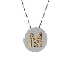M Baş Harf Kolye - Sitrin 8 ayar beyaz altın kolye (40 cm gümüş rolo zincir) #10x3qdj