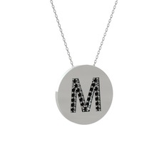 M Baş Harf Kolye - Siyah zirkon 14 ayar beyaz altın kolye (40 cm gümüş rolo zincir) #111gy1o
