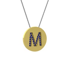 M Baş Harf Kolye - Lab safir 18 ayar altın kolye (40 cm gümüş rolo zincir) #119kssk