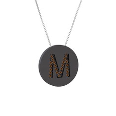 M Baş Harf Kolye - Dumanlı kuvars 925 ayar siyah rodyum kaplama gümüş kolye (40 cm beyaz altın rolo zincir) #14dgv2m