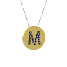 M Baş Harf Kolye - Lab safir 18 ayar altın kolye (40 cm gümüş rolo zincir) #14dyson