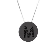M Baş Harf Kolye - Siyah zirkon 925 ayar siyah rodyum kaplama gümüş kolye (40 cm beyaz altın rolo zincir) #14e31su
