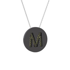 M Baş Harf Kolye - Peridot 925 ayar siyah rodyum kaplama gümüş kolye (40 cm beyaz altın rolo zincir) #14vbxtl