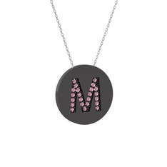 M Baş Harf Kolye - Pembe kuvars 925 ayar siyah rodyum kaplama gümüş kolye (40 cm beyaz altın rolo zincir) #15z07my