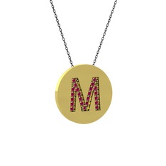 M Baş Harf Kolye - Rodolit garnet 18 ayar altın kolye (40 cm gümüş rolo zincir) #1bymtju