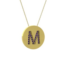 M Baş Harf Kolye - Ametist 8 ayar altın kolye (40 cm altın rolo zincir) #1dx36pt