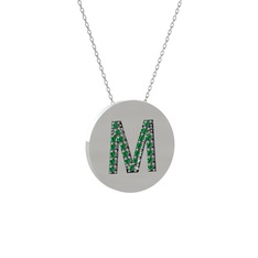 M Baş Harf Kolye - Yeşil kuvars 8 ayar beyaz altın kolye (40 cm beyaz altın rolo zincir) #1e77n61
