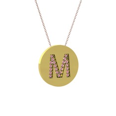 M Baş Harf Kolye - Pembe kuvars 14 ayar altın kolye (40 cm rose altın rolo zincir) #1gfp8dr