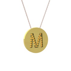 M Baş Harf Kolye - Sitrin 18 ayar altın kolye (40 cm rose altın rolo zincir) #1gkla52