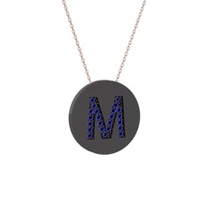 M Baş Harf Kolye - Lab safir 925 ayar siyah rodyum kaplama gümüş kolye (40 cm gümüş rolo zincir) #1idl889