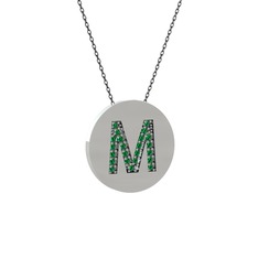 M Baş Harf Kolye - Yeşil kuvars 14 ayar beyaz altın kolye (40 cm gümüş rolo zincir) #1m94b1m