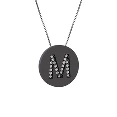 M Baş Harf Kolye - Swarovski 925 ayar siyah rodyum kaplama gümüş kolye (40 cm gümüş rolo zincir) #1qnrtfn