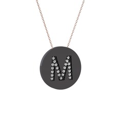 M Baş Harf Kolye - Swarovski 925 ayar siyah rodyum kaplama gümüş kolye (40 cm rose altın rolo zincir) #1s0msbe