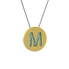 M Baş Harf Kolye - Akuamarin 8 ayar altın kolye (40 cm gümüş rolo zincir) #1sw4243