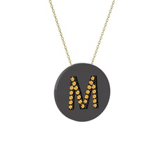 M Baş Harf Kolye - Sitrin 925 ayar siyah rodyum kaplama gümüş kolye (40 cm altın rolo zincir) #2jp94p