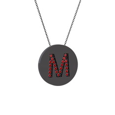 M Baş Harf Kolye - Garnet 925 ayar siyah rodyum kaplama gümüş kolye (40 cm gümüş rolo zincir) #69y448