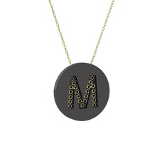 M Baş Harf Kolye - Peridot 925 ayar siyah rodyum kaplama gümüş kolye (40 cm gümüş rolo zincir) #74puxf