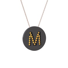 M Baş Harf Kolye - Sitrin 925 ayar siyah rodyum kaplama gümüş kolye (40 cm gümüş rolo zincir) #7jxya7