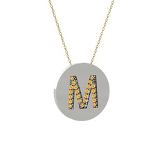 M Baş Harf Kolye - Sitrin 18 ayar beyaz altın kolye (40 cm gümüş rolo zincir) #8d8sig