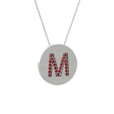 M Baş Harf Kolye - Garnet 18 ayar beyaz altın kolye (40 cm beyaz altın rolo zincir) #9fhb40