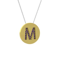 M Baş Harf Kolye - Ametist 8 ayar altın kolye (40 cm beyaz altın rolo zincir) #b6xy02