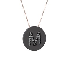 M Baş Harf Kolye - Pırlanta 925 ayar siyah rodyum kaplama gümüş kolye (0.1232 karat, 40 cm rose altın rolo zincir) #cuwft9