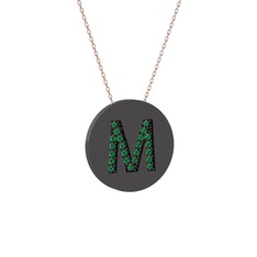 M Baş Harf Kolye - Yeşil kuvars 925 ayar siyah rodyum kaplama gümüş kolye (40 cm rose altın rolo zincir) #hqtkk