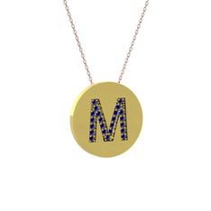M Baş Harf Kolye - Lab safir 14 ayar altın kolye (40 cm gümüş rolo zincir) #i8w7dz