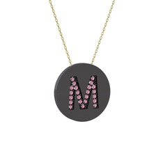 M Baş Harf Kolye - Pembe kuvars 925 ayar siyah rodyum kaplama gümüş kolye (40 cm altın rolo zincir) #m4d5x8