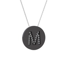 M Baş Harf Kolye - Pırlanta 925 ayar siyah rodyum kaplama gümüş kolye (0.1232 karat, 40 cm beyaz altın rolo zincir) #mg3sfk
